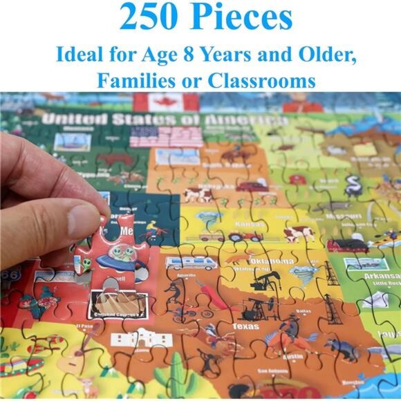 United States Map 250 Pieces Jigsaw Puzzle Fun Educational Toy for Kids, School - Picture 2 of 7